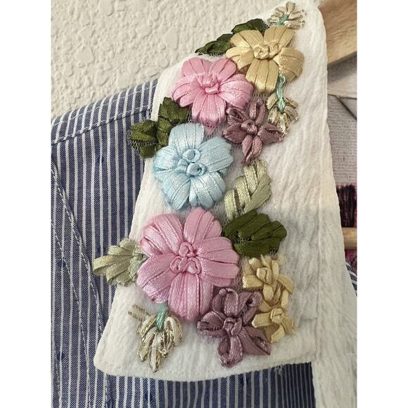 Vincente Tunic Top White Blue Sleeveless Floral Collar Hi Lo Hem Size Medium - Picture 4 of 16